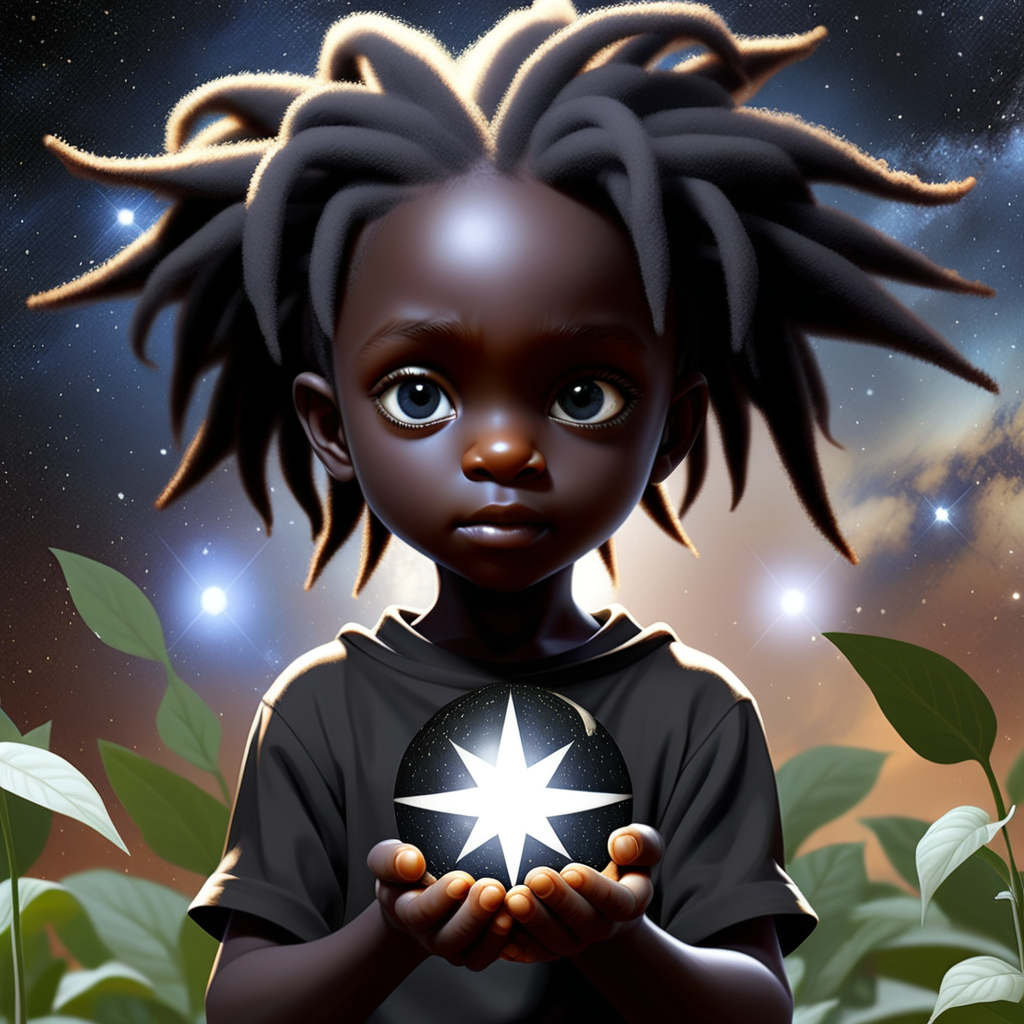 prompt: a black star seed child helping the world