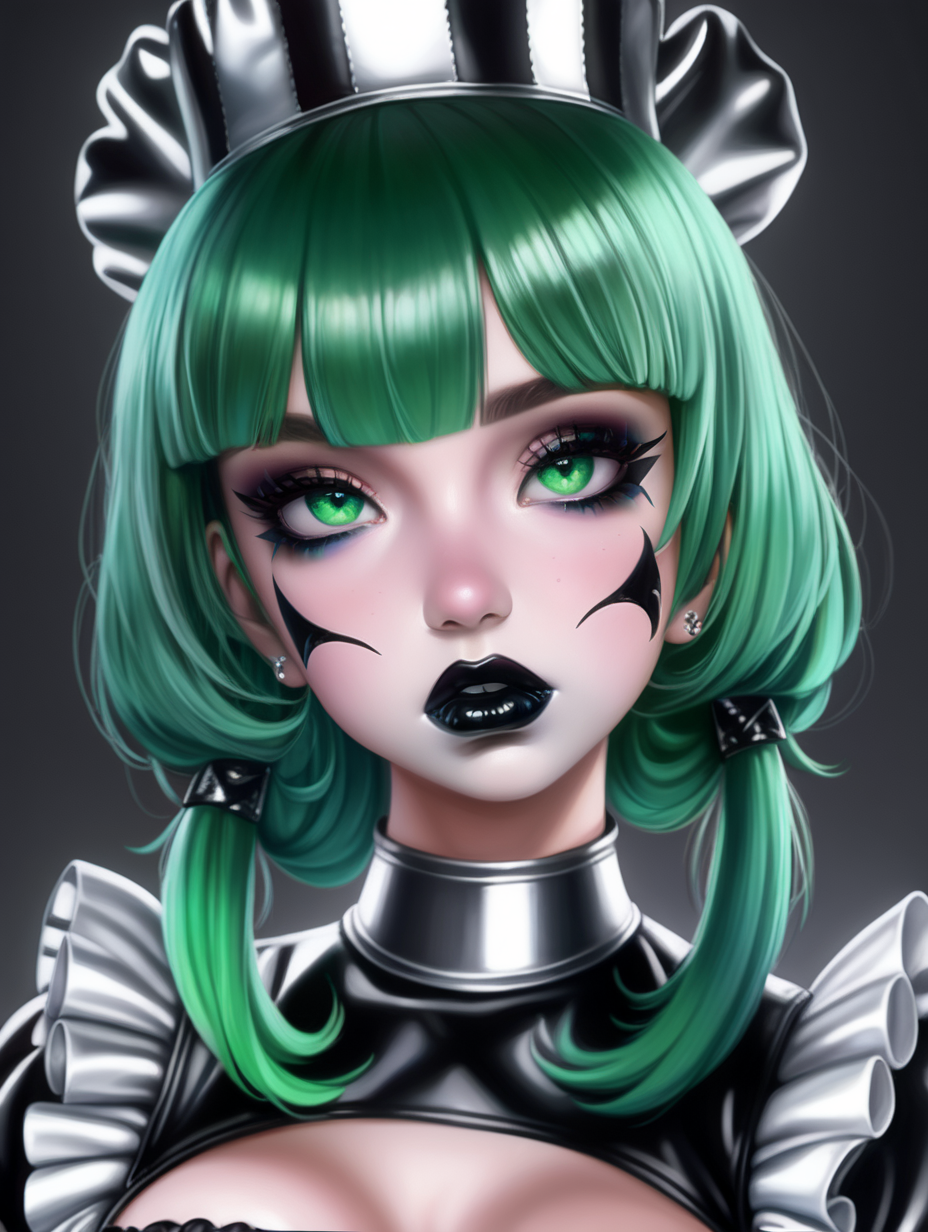 woman with green hair with huge lips and dark lipstick with heavy makeup wearing a shiny black and silver latex maid uniform with a vacant expression