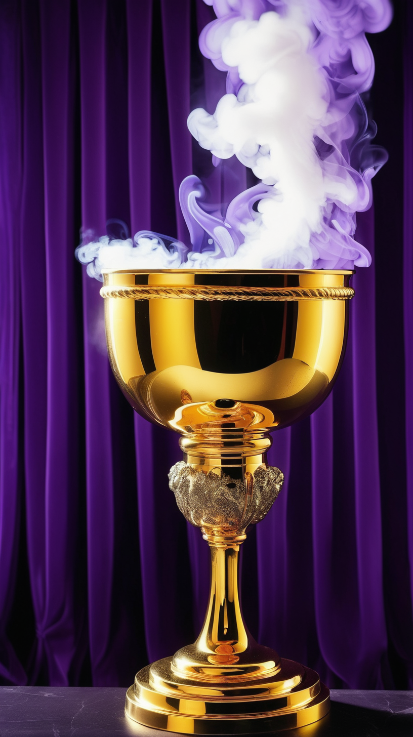 golden pimp cup with smoke billowing out of it, purple curtains
