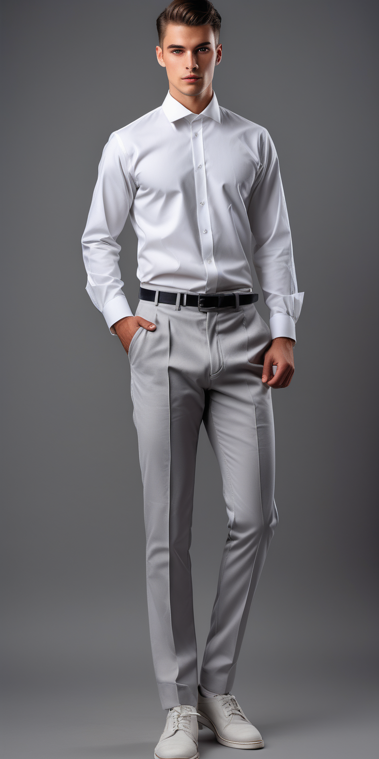 waiter uniform, long sleeve white shirt, modern style design, modern details, shirt collar, light gray classic canvas trousers, cigarettes trousers ,uniform design,  full body, art,  35mm photography, modern fashion, gray backround, 