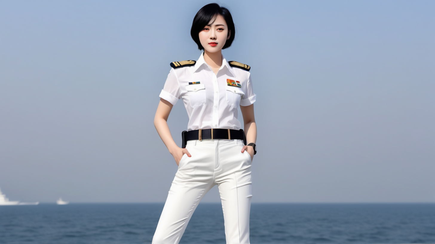 A Chinese navy female soldierYoung personShort hairBlack hairWhite