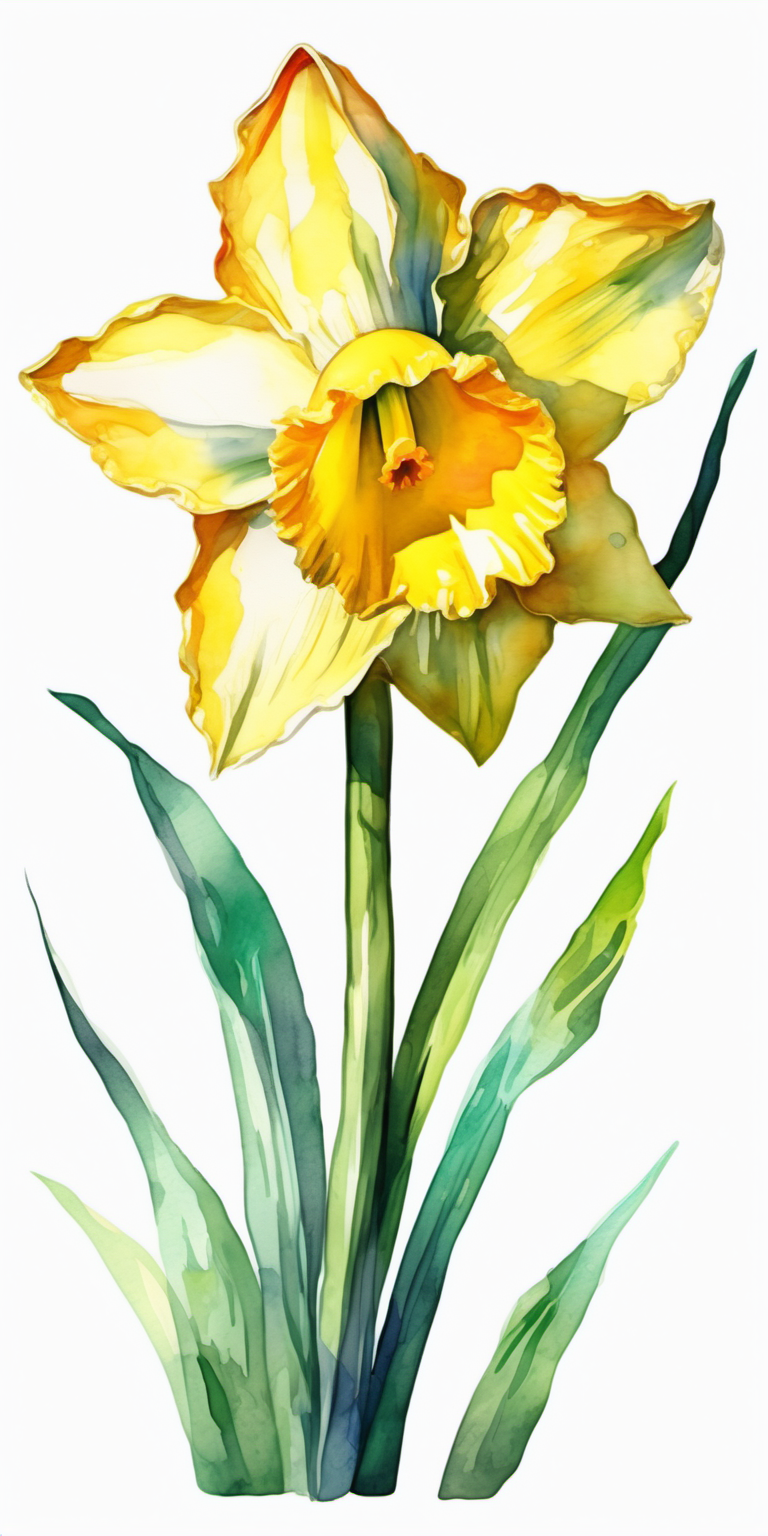  one Daffodil, contemporary art style, lively mood, vibrant lighting, watercolor colorful clip art illustration, high detail, white background