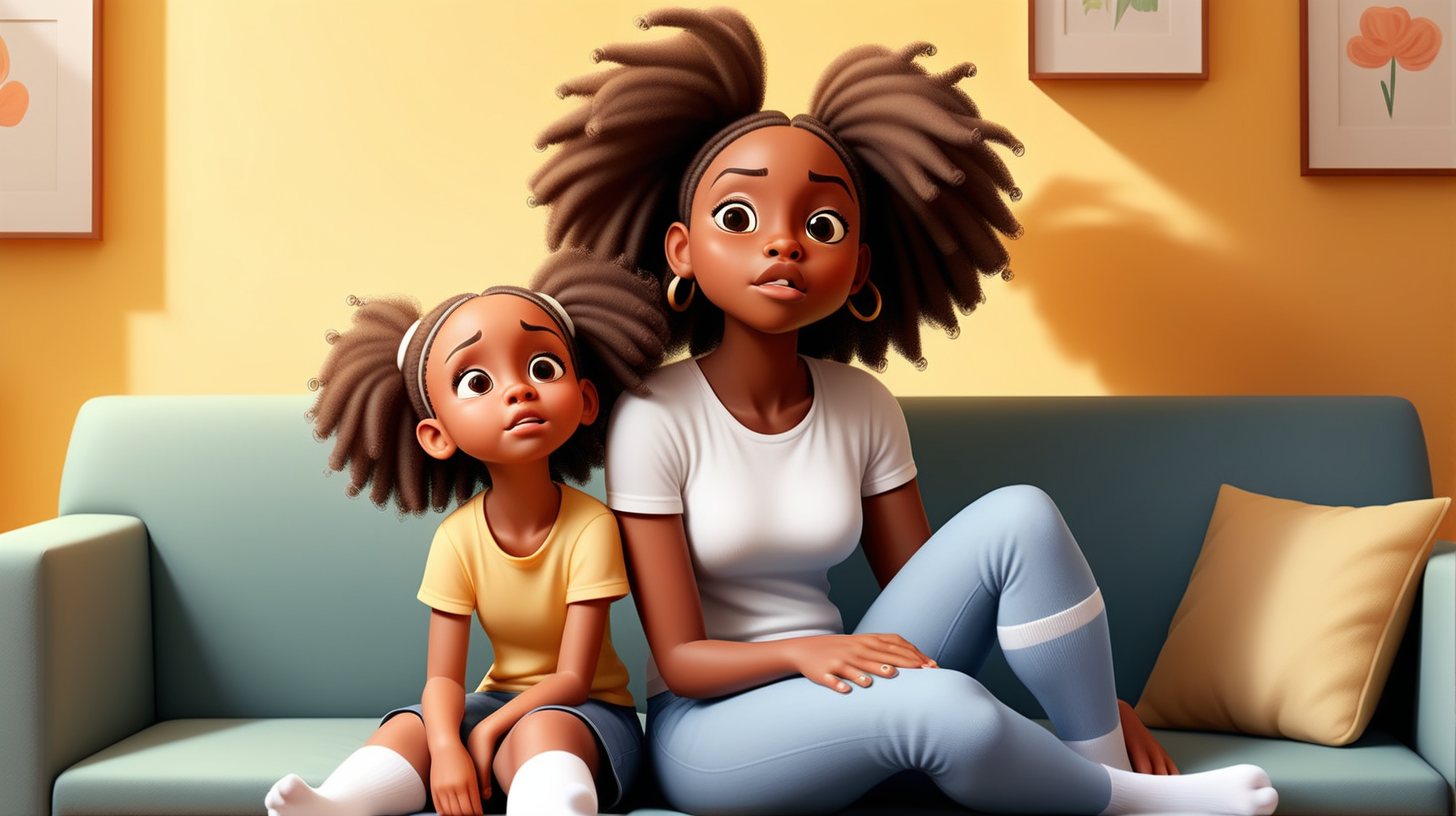 children's-book illustration: 
5-year-old, african-american girl, Mahkai, and her mom.

Mahkai is standing, facing her mom. her mom is sitting on the sofa, looking up at mahkai.

no-deformities; no-double-headed-characters.

yellow-background and yellow-sofa. make their bodies proportionate.

two-legs-per-character-only.


 beautiful-hands, detailed-fingers. looking at each other. 

same clothing in each image. They are both wearing blue-jeans and plain white t-shirts: 
vector art. 3d. natural, realistic looking. 

two-characters-only, mahkai and her mom only.

all whole-total-body-photos, from top-of-head-to-white-socks.

full-length portrait photo: showing white socks on both characters feet.

full body shot photo. show white socks on feet in each image.