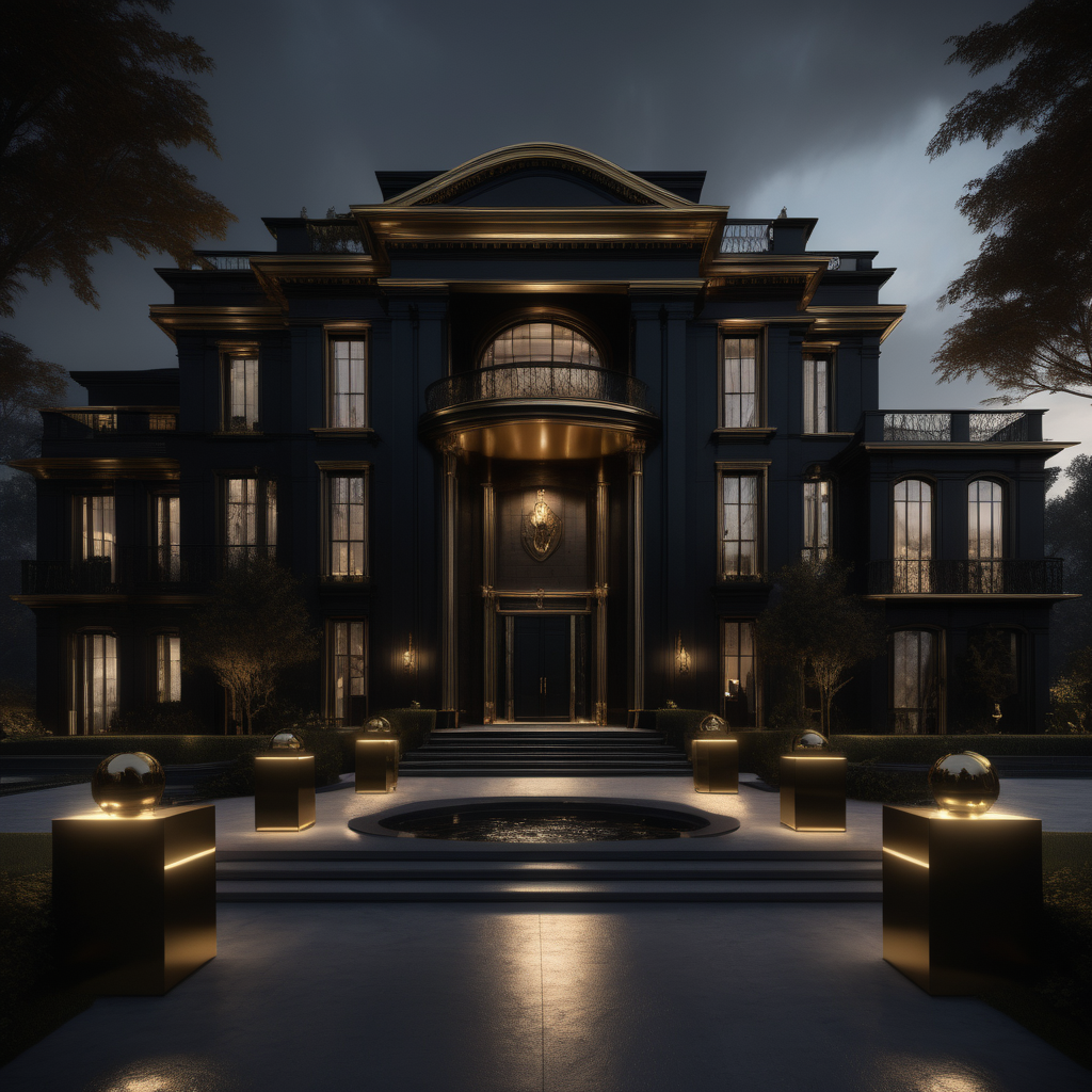 hyperrealistic of a modern Bruce Wayne inspired mansion; mood lighting; Black and brass
