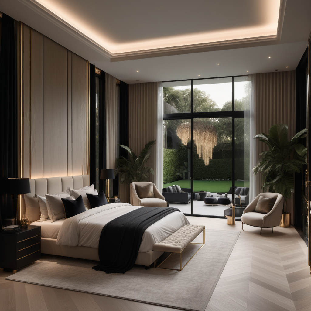 a hyperrealistic of an elegant Modern Parisian estate home master bedroom with mood lighting, with floor to ceiling windows overlooking the pool and lush gardens, in a beige oak brass and black colour palette 
