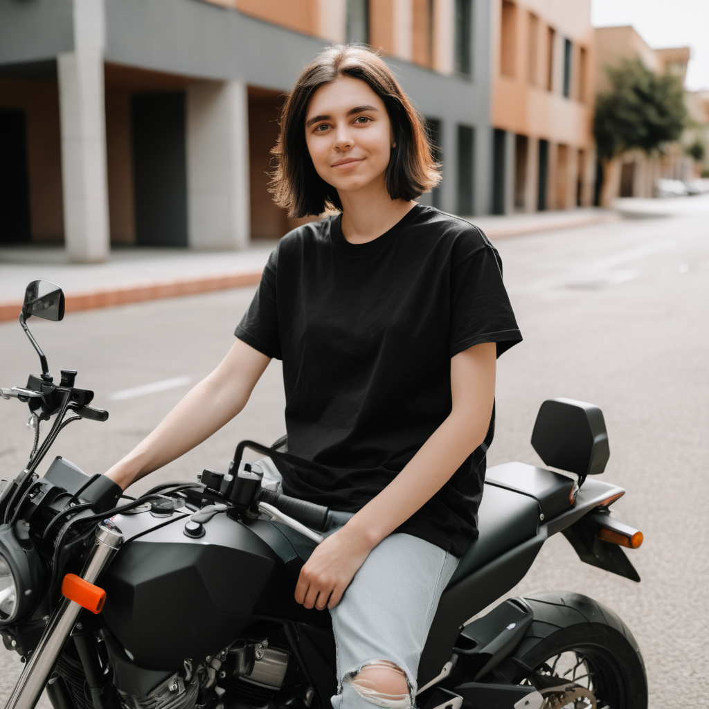 person sitting on motorycle bike showing front with boxy black t shirt that is blank