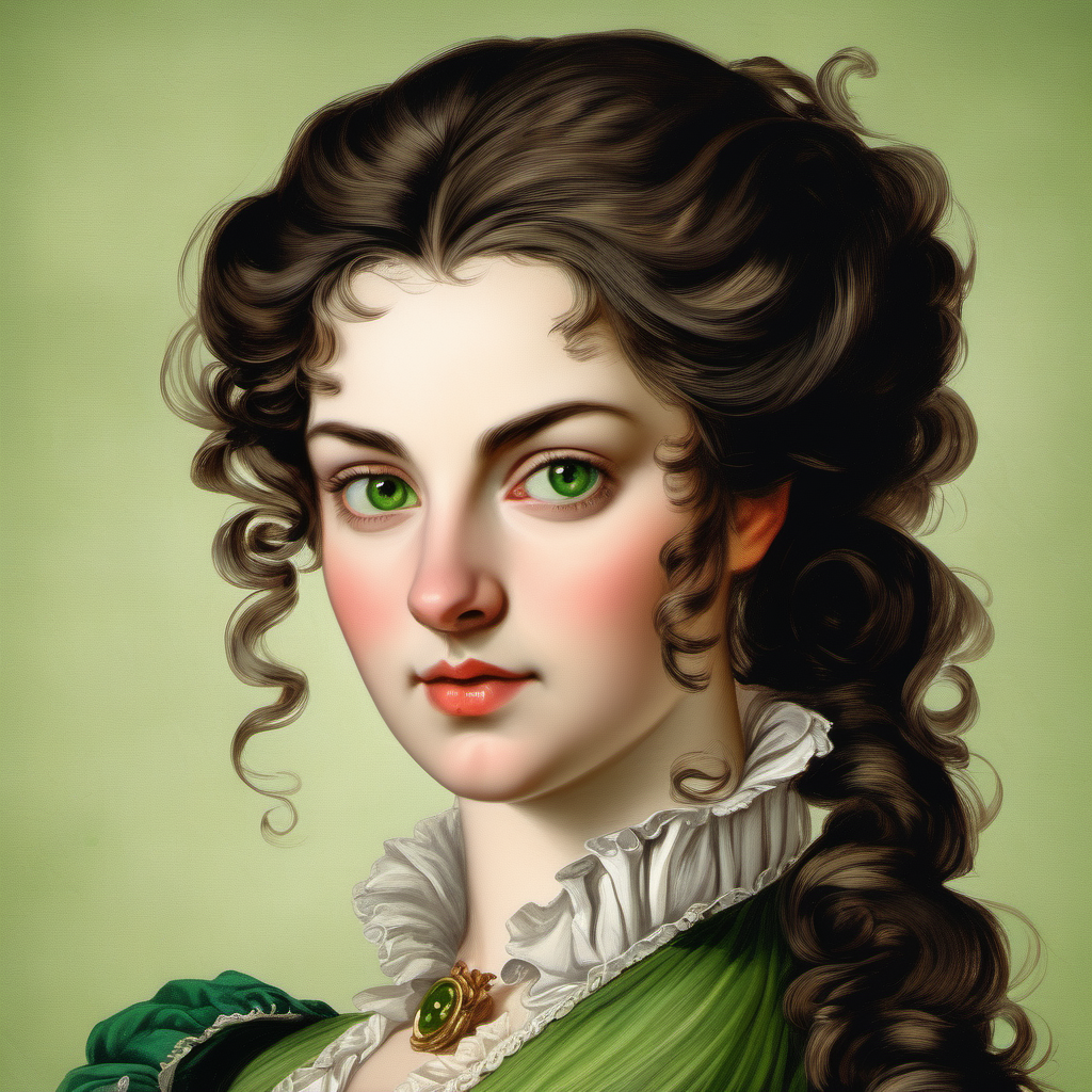 18th century beautiful woman dark brown hair green