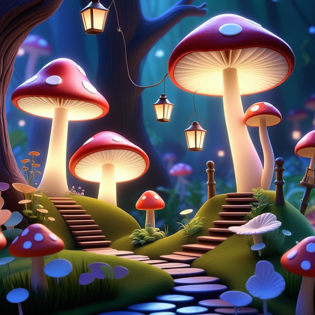 /envision prompt: In Pixar 3D style depict dreamy landscapes with fairies, toadstools, and glowing lanterns. Emphasize the ethereal atmosphere of the fairy garden..--v 5 --stylize 1000