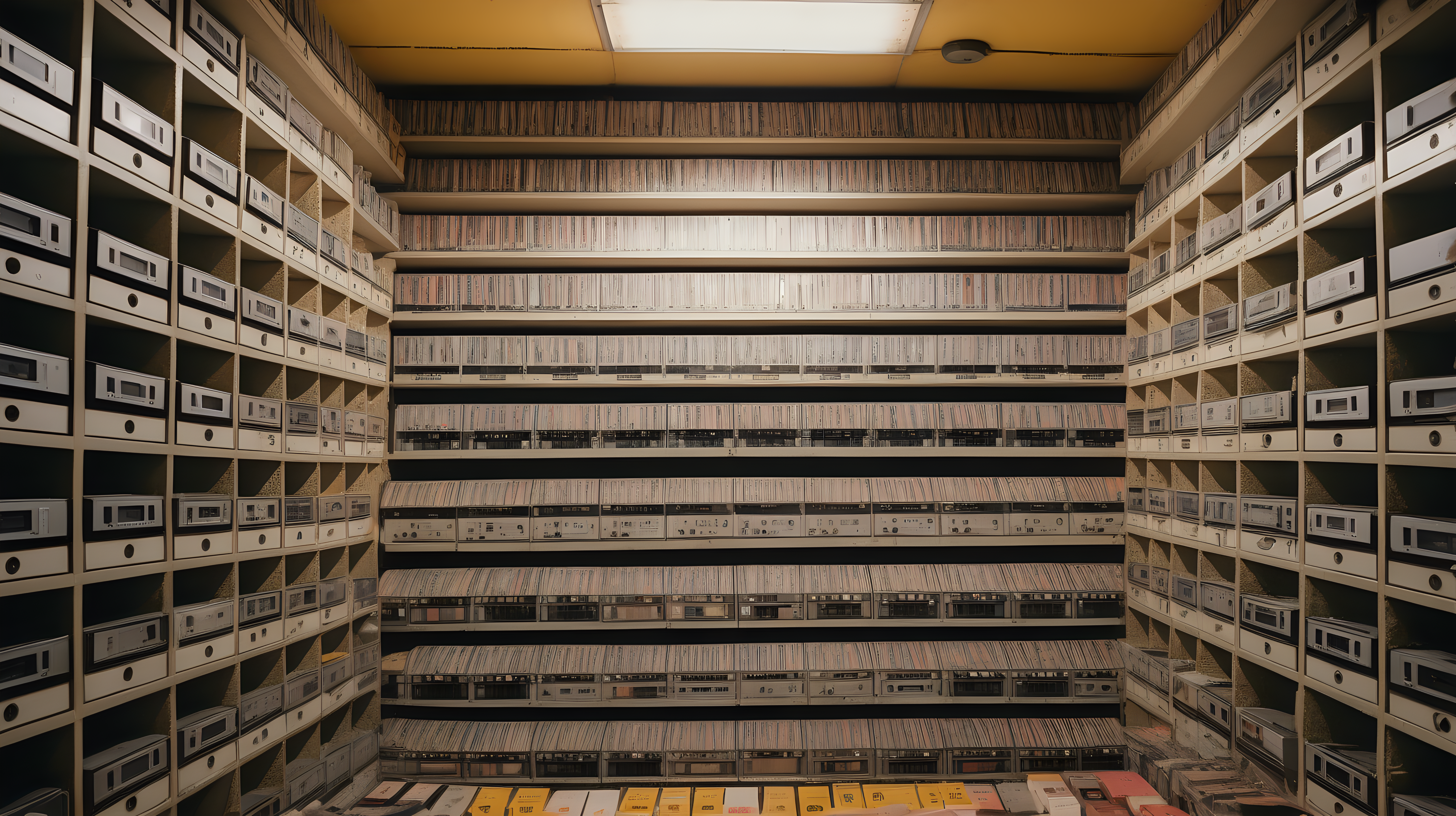 close up, high quality photograph of a cross section of a deep underground bomb shelter full of video cassettes in the style of a wes anderson movie
