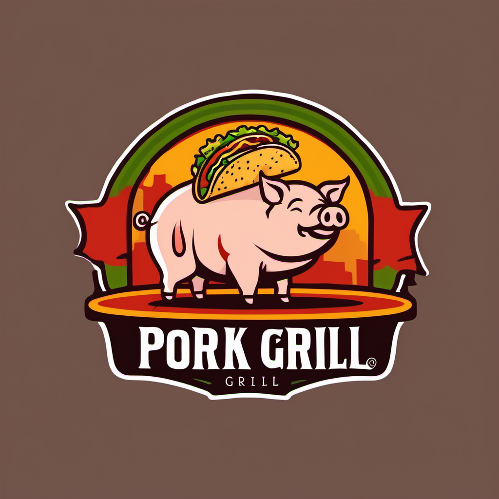 Generar un logo creativo para un negocio de tacos con nombre "The Pork Grill". Este debe tener un cerdo  animado cargando unas pesas