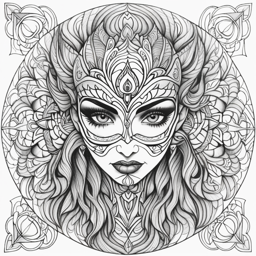 adult coloring book, black & white, clear lines, detailed, symmetrical mandala evil woman face 