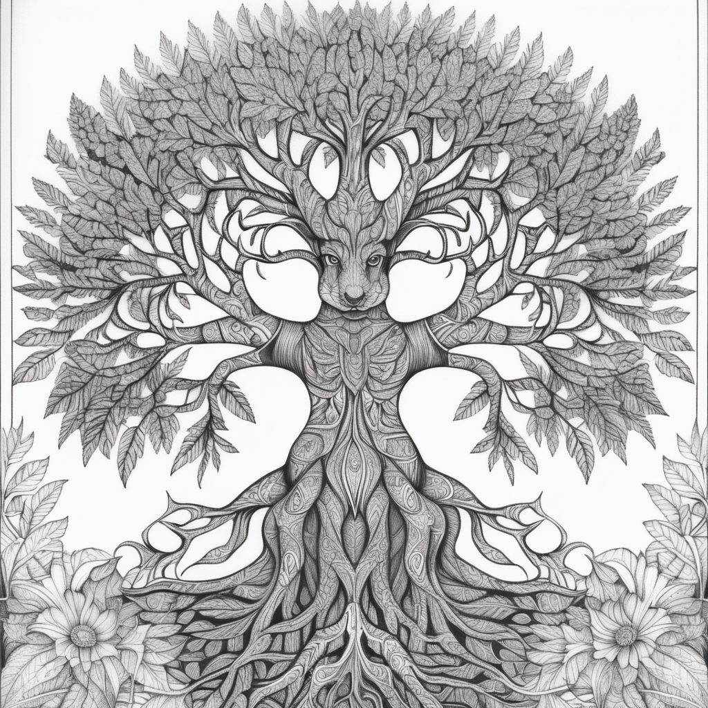 adult coloring book, black & white, clear lines, detailed, symmetrical diabolical tree