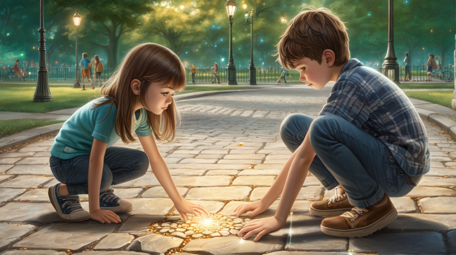 a boy and a girl waking in a city park and looking at a shiney stone on the ground.