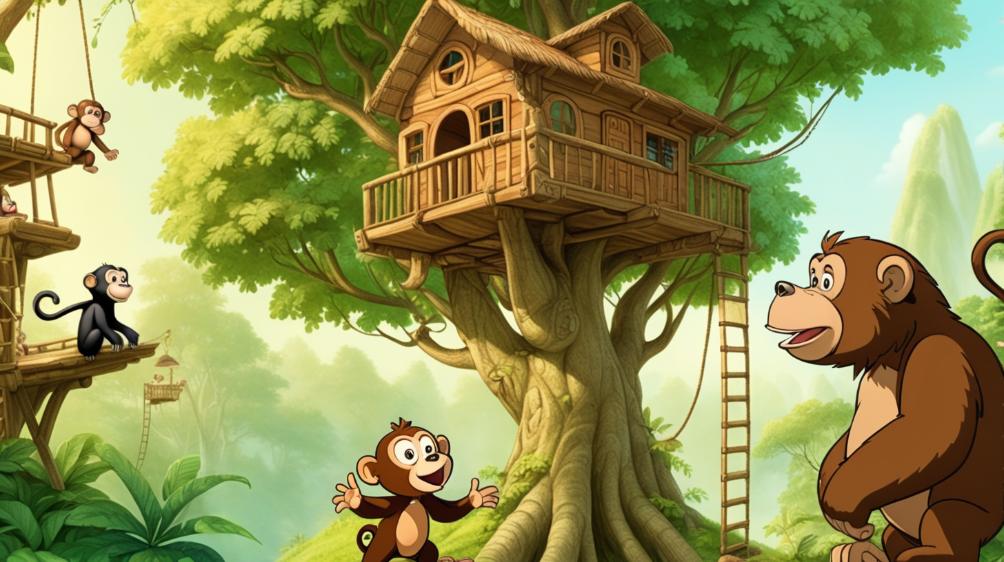 cartoon brown bear standing below a tree house and a monkey is talking to bear from above the tree in a green jungle