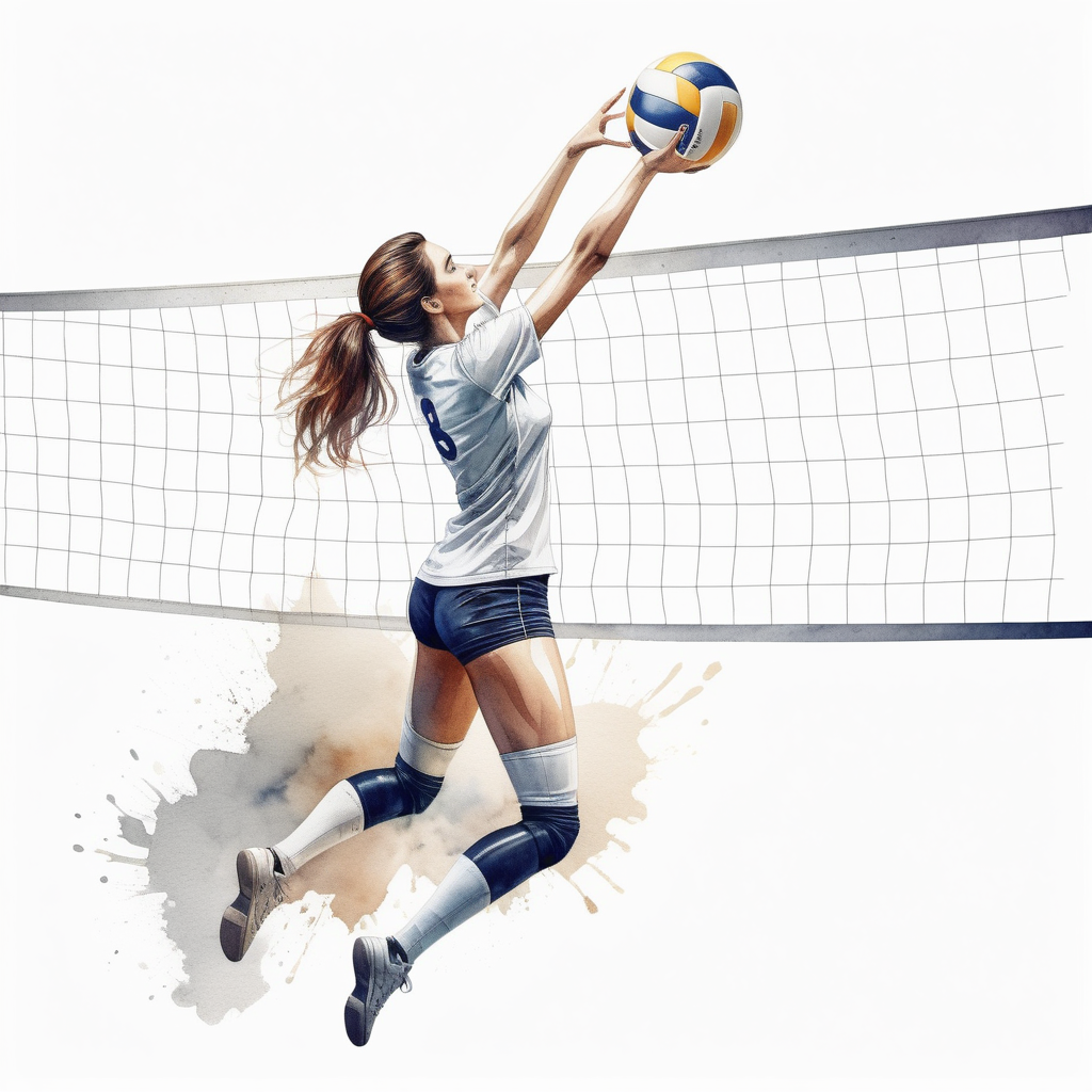 bílé pozadí_vytvoř realistickou ilustraci _detailní záběr na volejbal_žena_reálná celá postava_ve stylu akvarel barvy_volejbalová síť