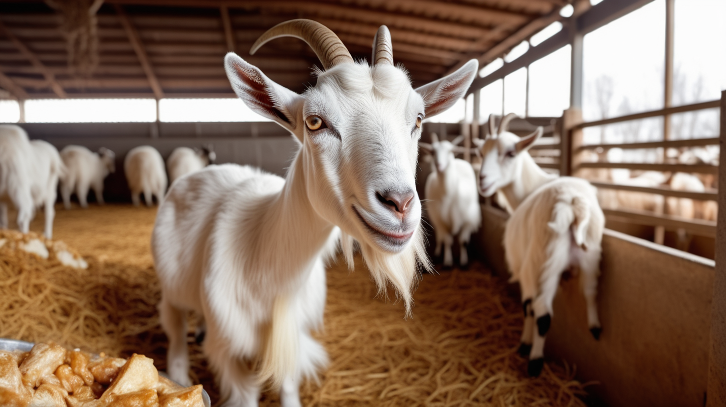 indoor modern goat farm with goat eat food in stable, close up goat