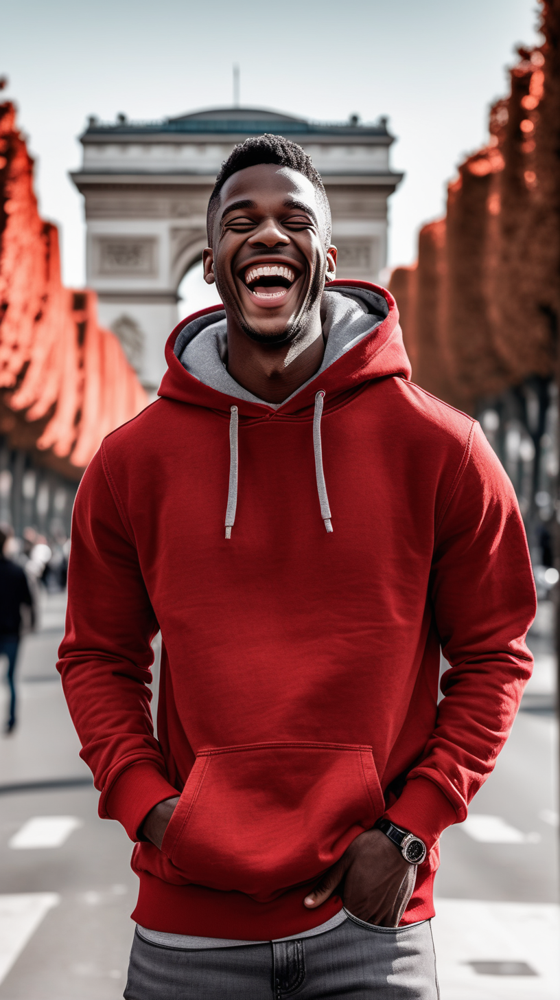 sexy, Black, man, laughing with joy, slim build, auburn, low haircut, wearing a Red, Hooded sweatshirt, wearing grey denim, with the Champs Elyses' inthe background, 4k, outdoor light source, High Definition clear resolution