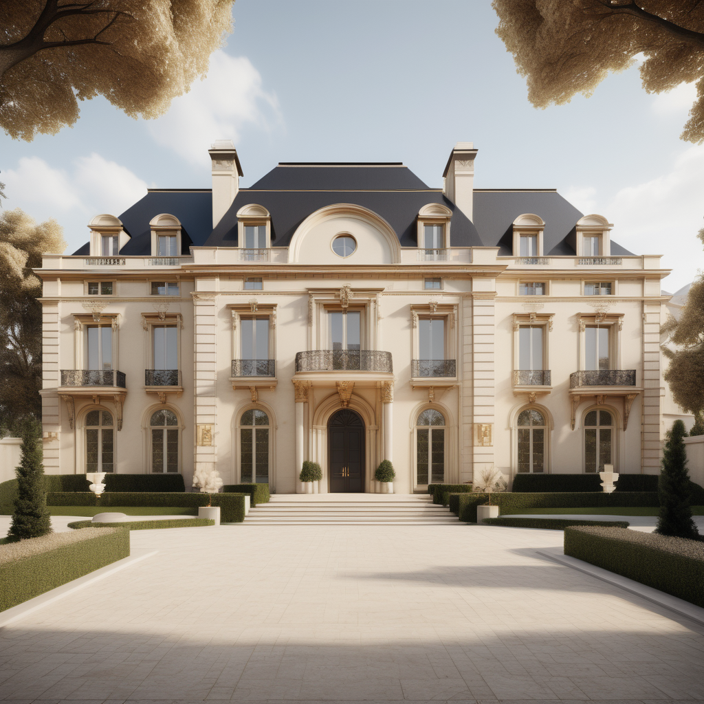 a hyperrealistic image of a grand modern estate that is a combination of Parisian and Jerusalem-inspired design styles; Beige, oak, brass colour palette; 
