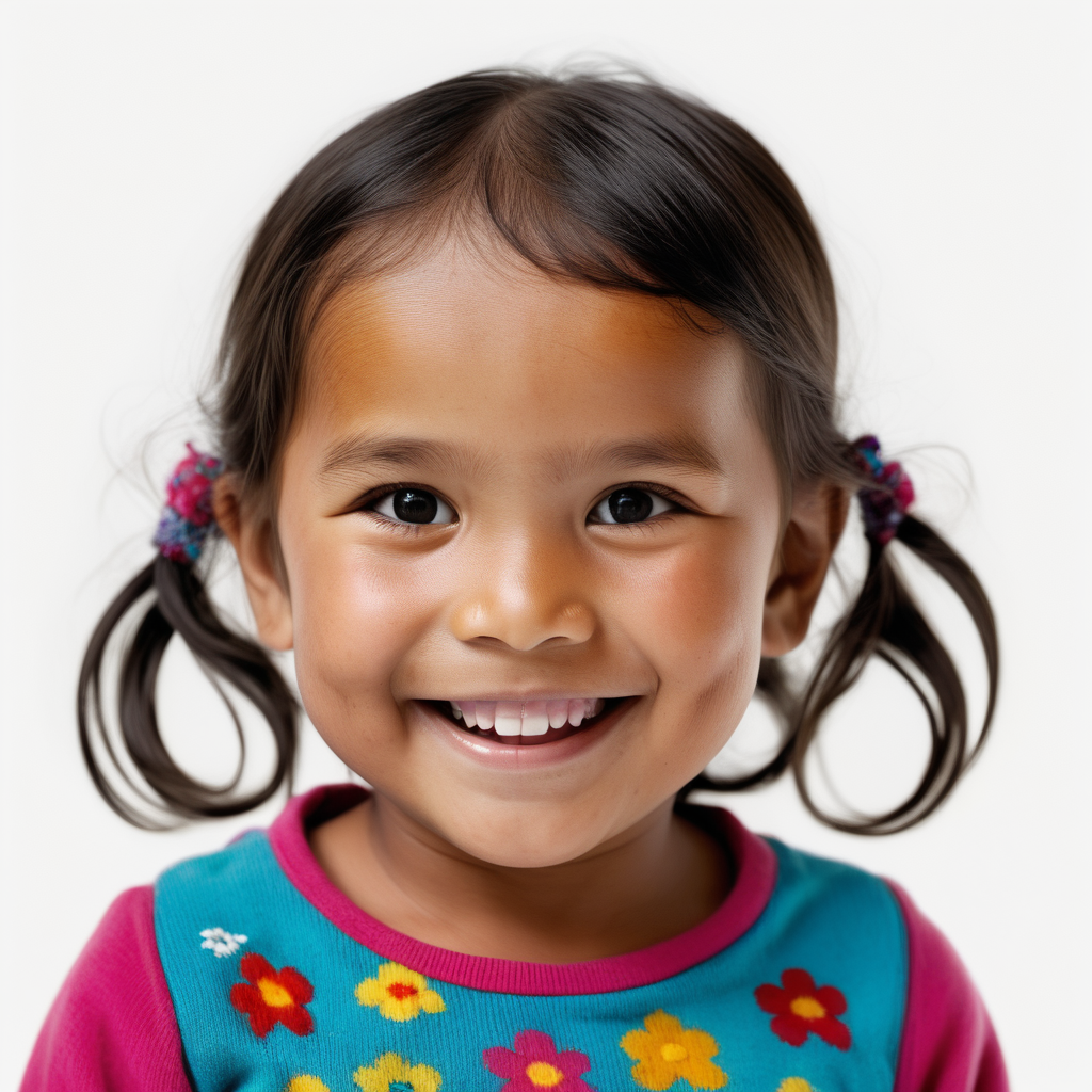 bílé pozadí_reálná tvář_dítě 3 roky_ holka_žije v Peru_usmívají se_je vidět celá hlava_usmívá se
