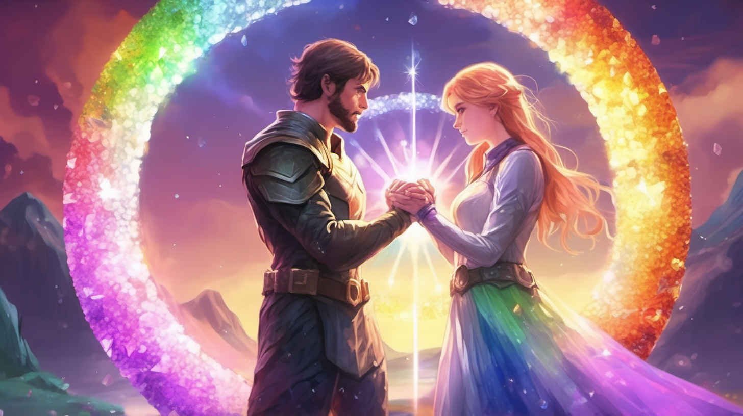 The hero and heroine coming together in pure light, rainbow circle of crystals surrounding them both as they hold hands and stare at each other, 