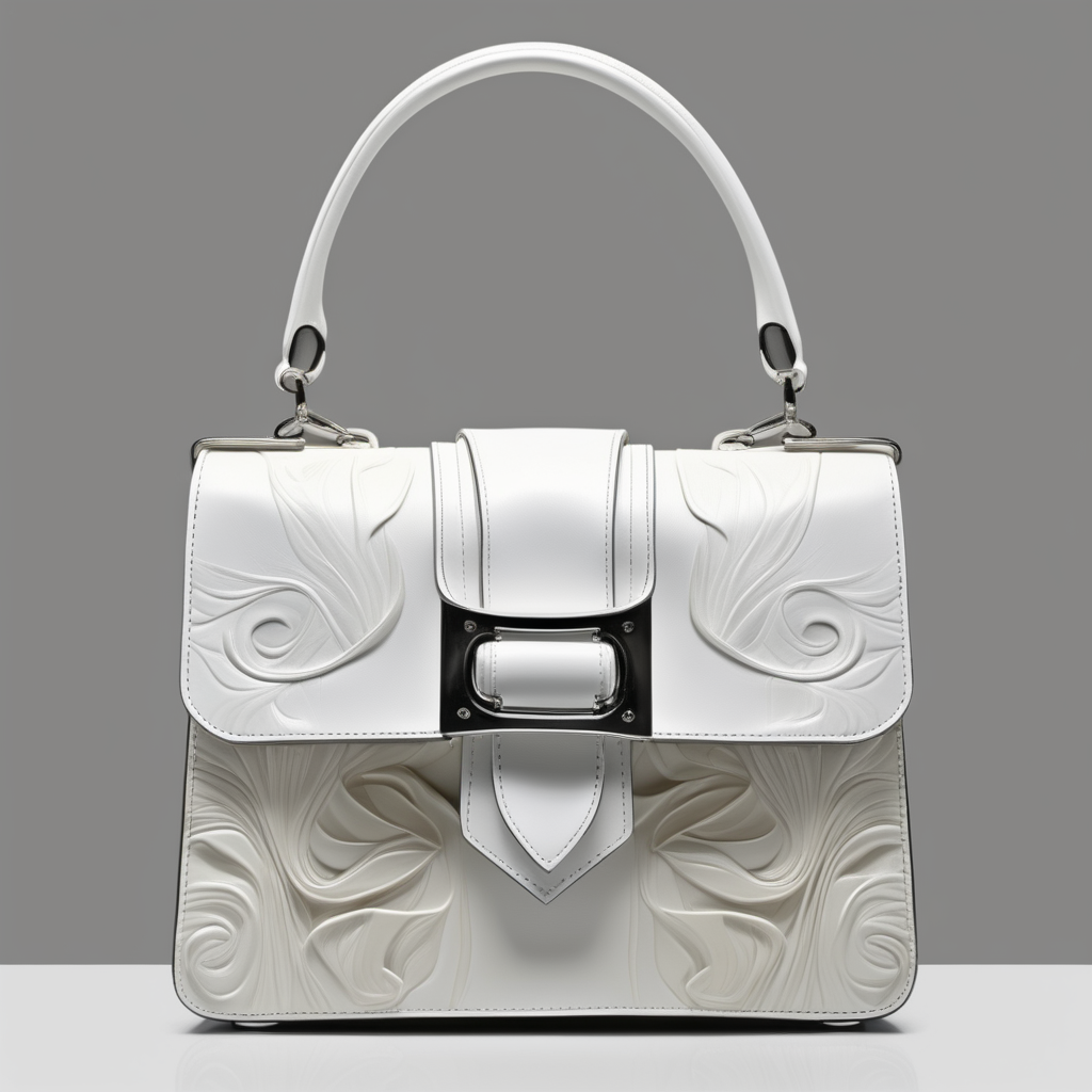 art nuoveau inspired luxury leather bag with flap and metal buckle - White shades - frontal view