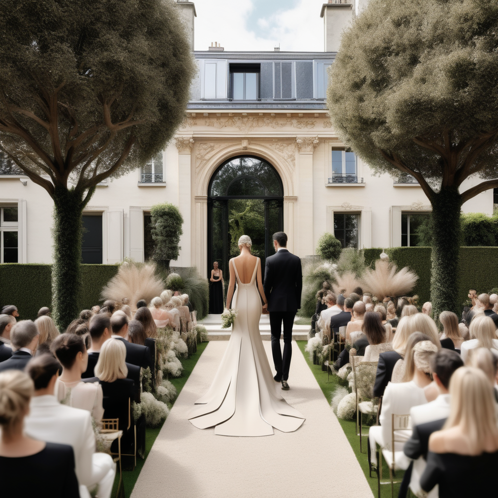 a hyperrealistic image of a grand Modern Parisian garden wedding in a beige oak brass and black colour palette surrounded by beautiful open gardens