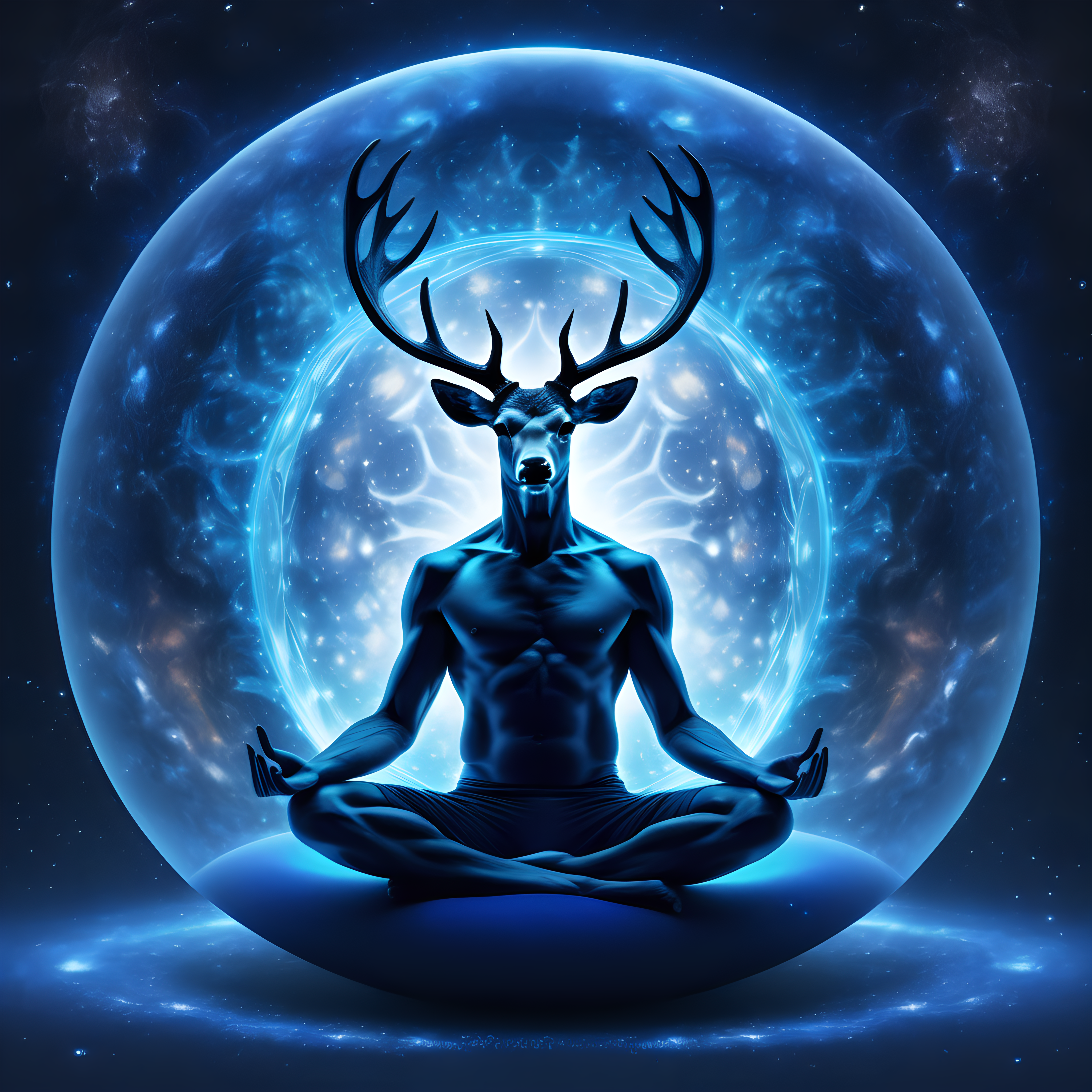 Human body with a deer head and antlers. He should be in a cross legged yoga position, sitting inside of a large blue shimmering shpere. The background setting should be the universe and stardust