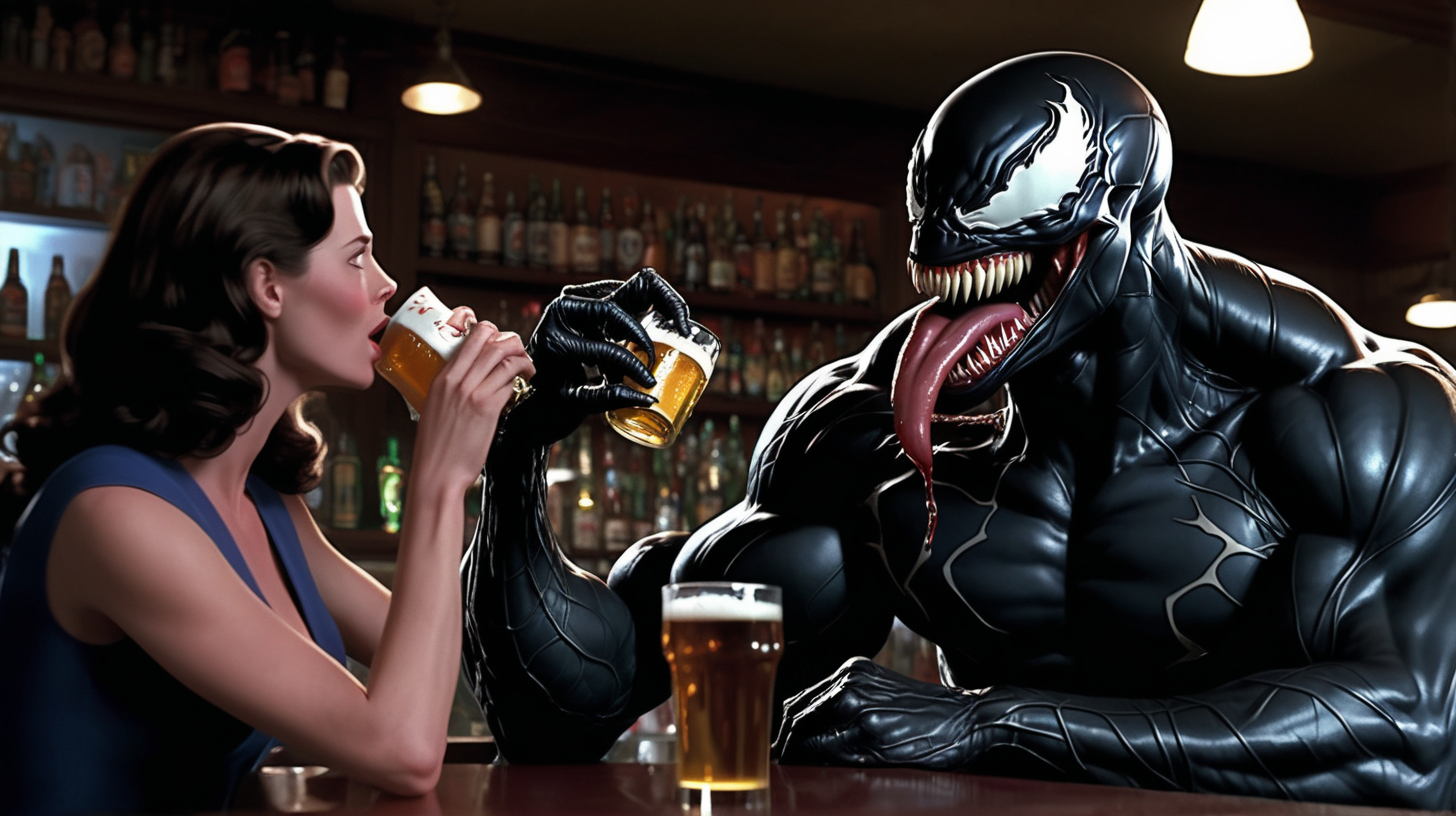 Venom drinking a beer at a bar with Lois Lane and Clark Kent