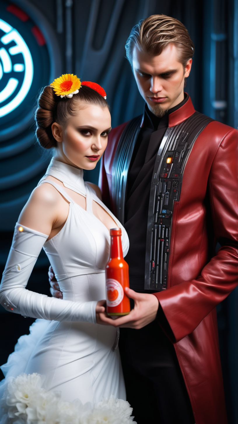sexy amidala and Anakin in cyberpunk wedding with
