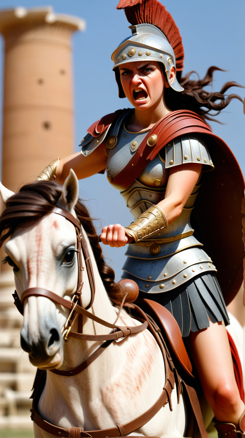 Ancient Roman female warrior aggressive on horseback