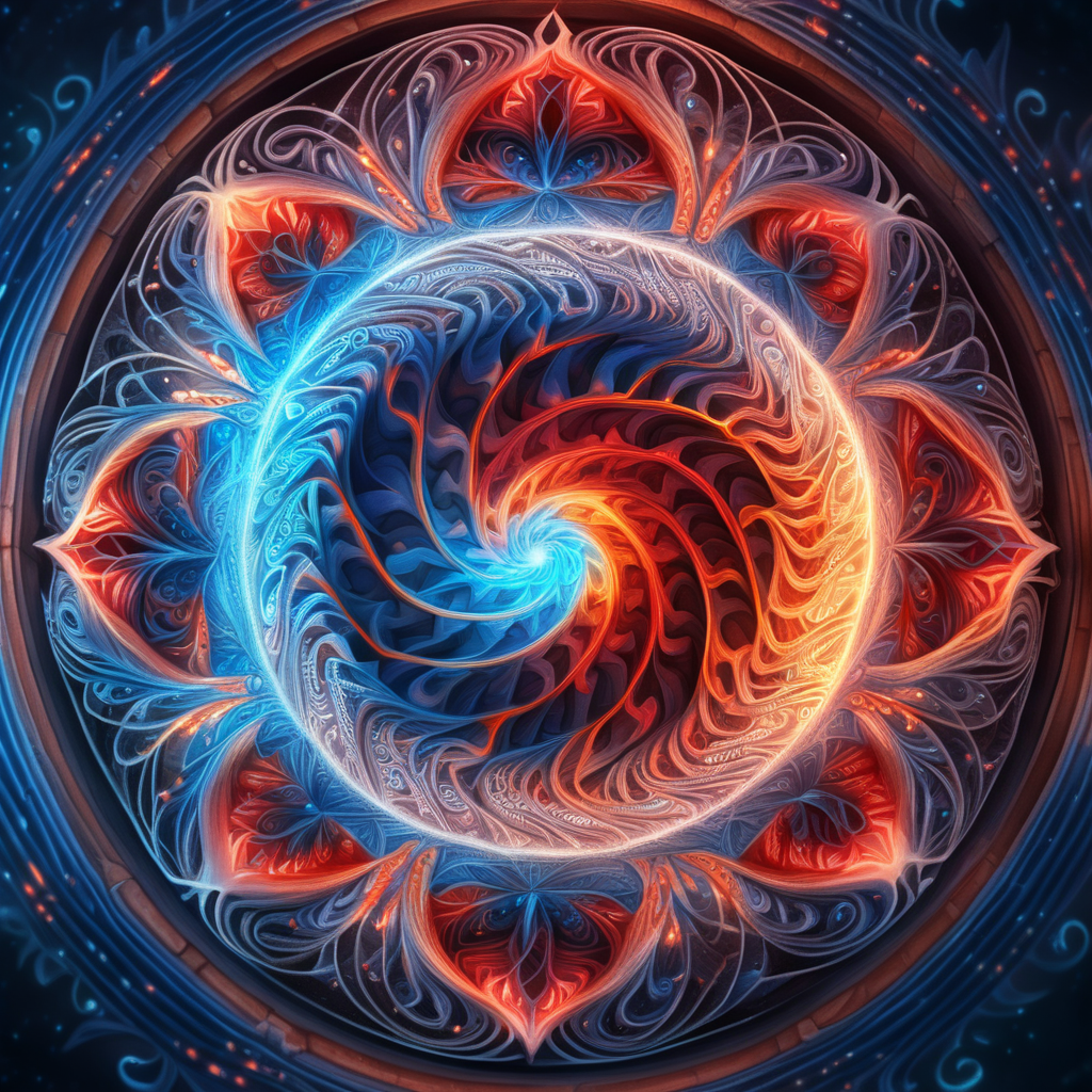 book cover design for a sci-fi story a swirling fiery red whirlpool in the middle of a symmetrical mandala made of glowing blue threads of fate