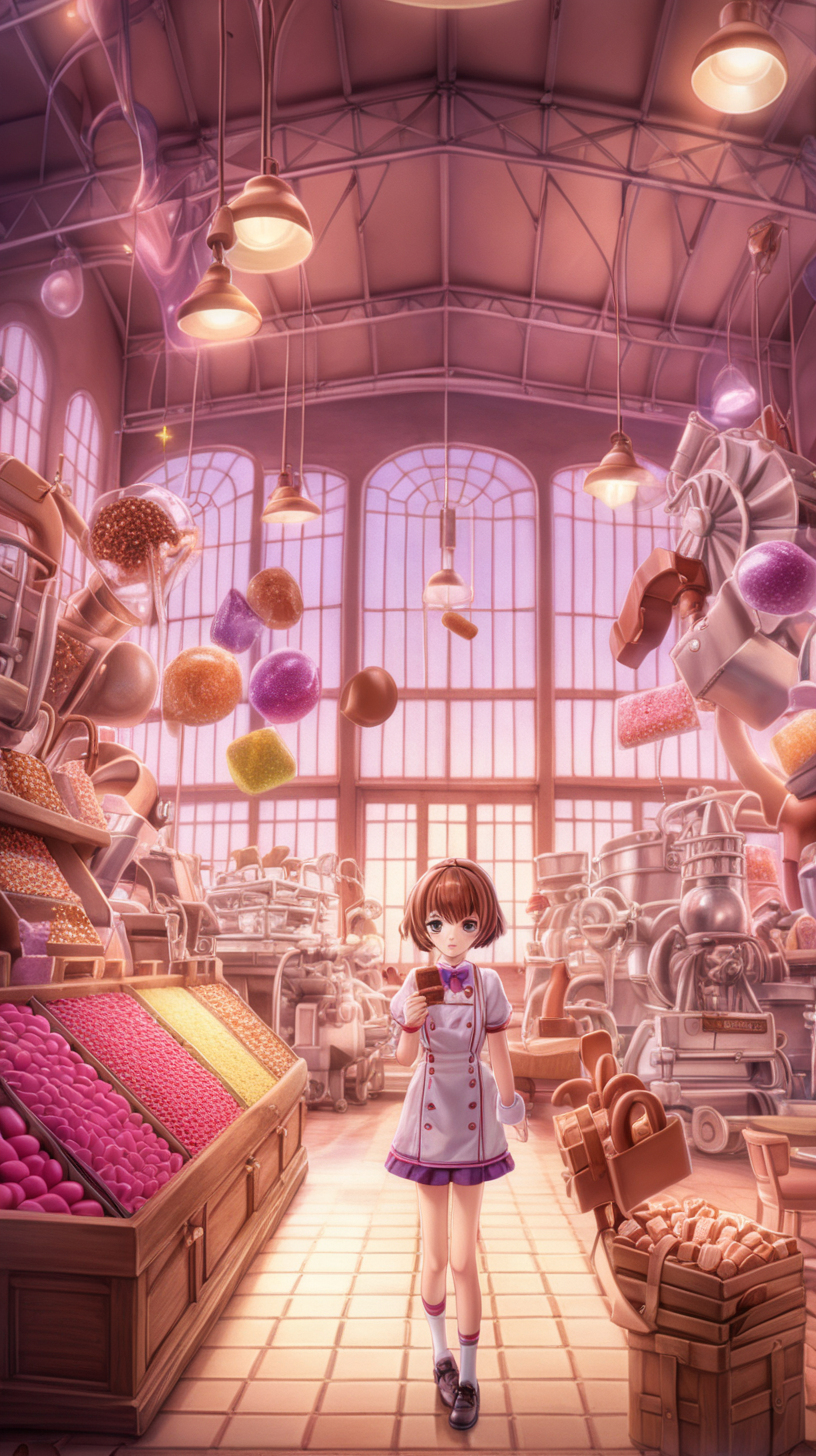 Imagine we're prompting, a beautiful and anime-inspired scene of a chocolate factory. Depict the chocolate with delightful details using vibrant colors and a high-quality camera model and lens. Illuminate the scene with soft, warm lighting for an enchanting and visually stunning anime style.

