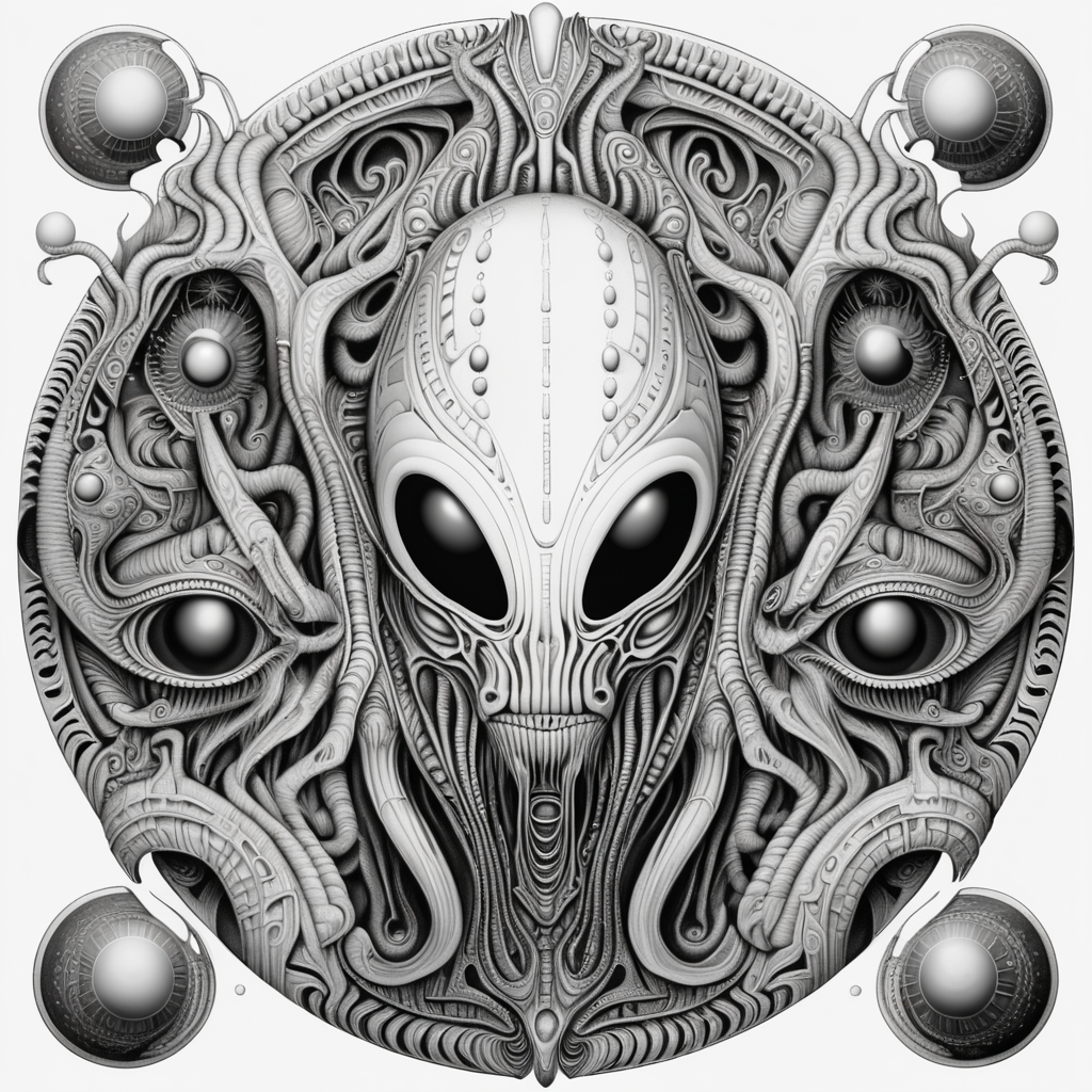 black & white, coloring page, high details, symmetrical mandala, strong lines, alien planet with many eyes in style of H.R Giger