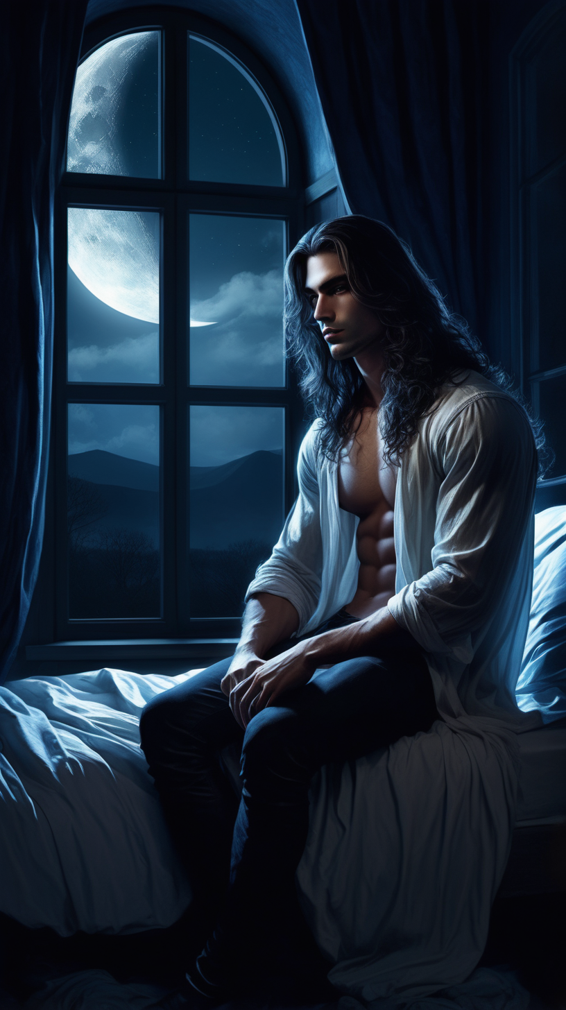 Create a dark fantasy art illustration, of male model Enrico Ravenna, long wavy hair, sitting on bed under moonlight coming through window.