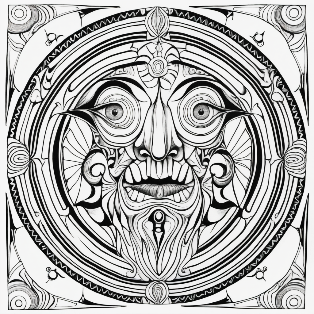 adult coloring page, black & white, strong lines, symmetrical mandala, evil puppet in style of Salvador Dali