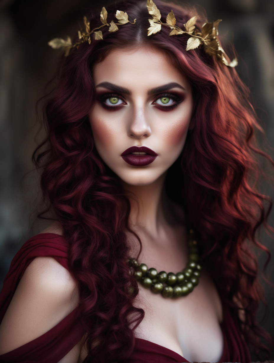 a very beautiful woman
wavy maroon hair
pomegranate lips
olive colored eyes
in the underworld/hell
wearing a dark glamorous toga
greek goddess 