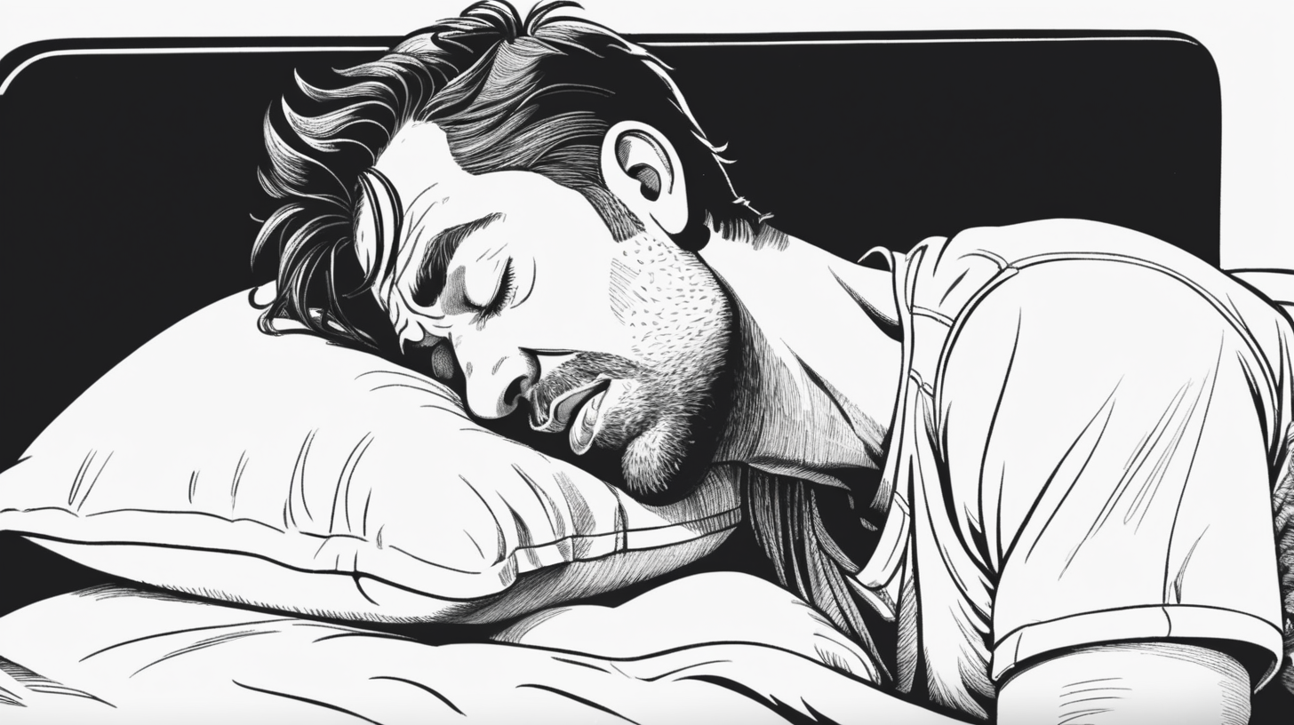 A simple black and white illustration of man on bed side view drooling h while sleeping. Close up