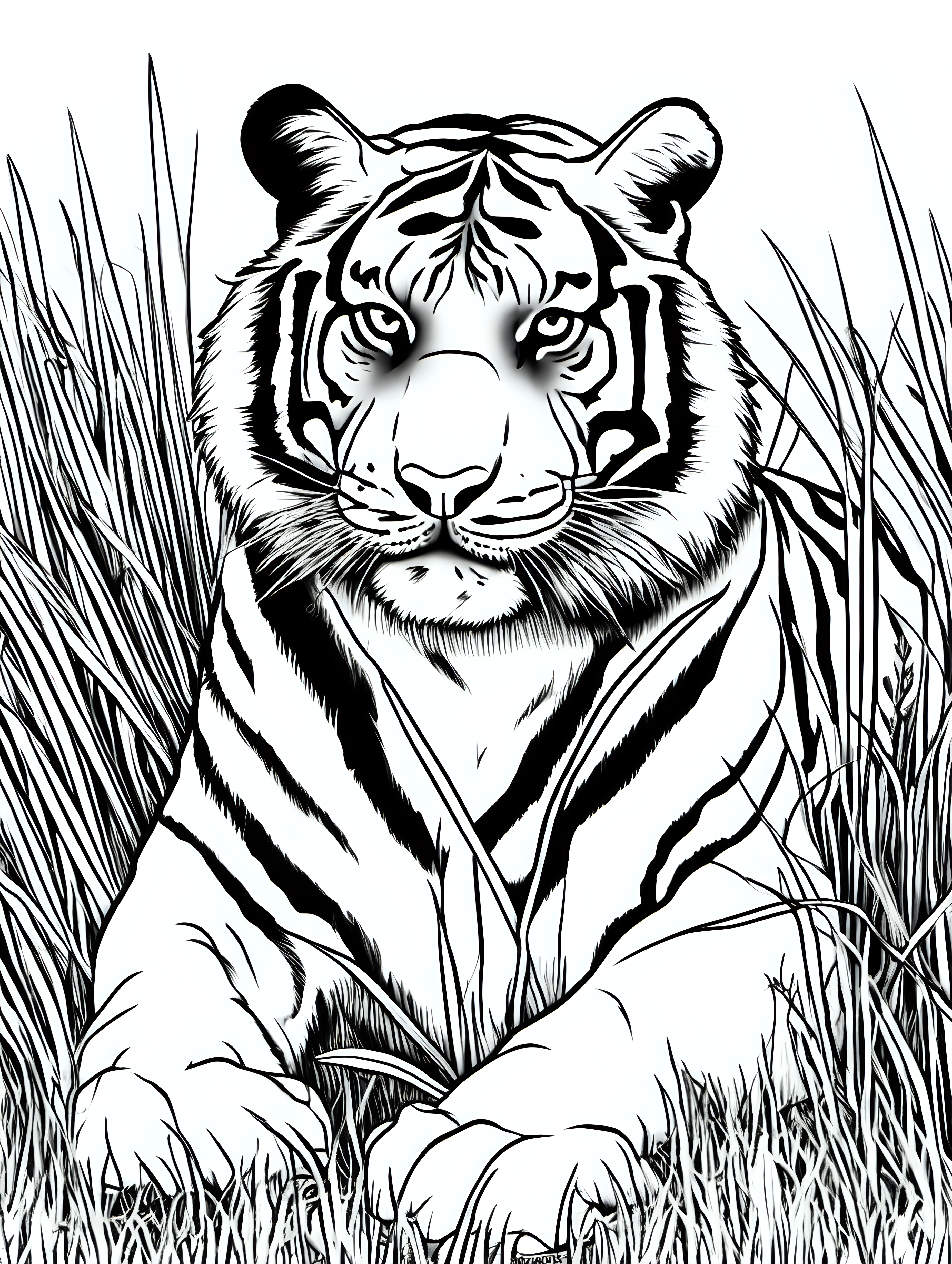 tiger resting in the grass, coloring page, low detail, no color, no shadow