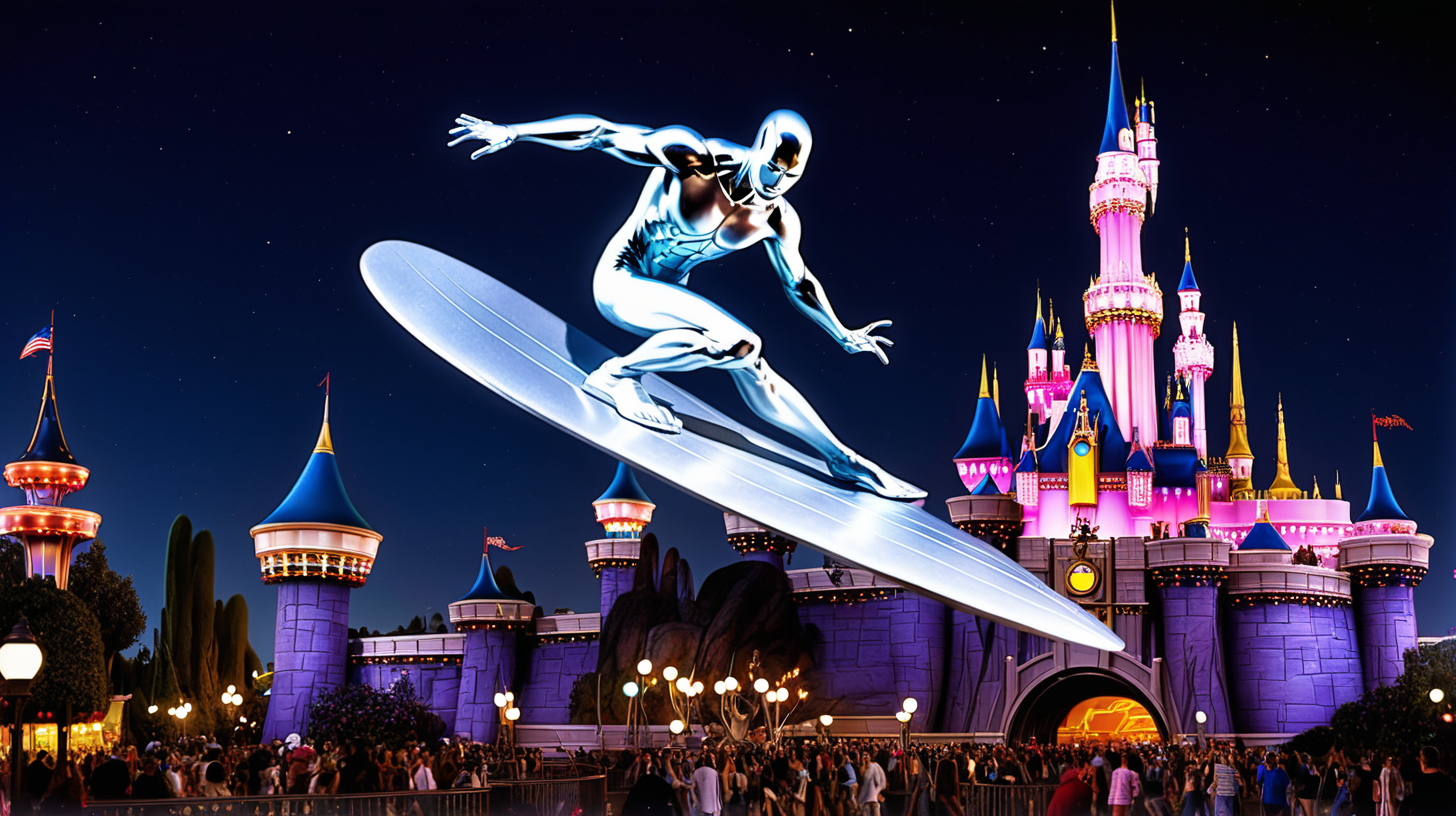 The silver surfer flying over Disneyland at night