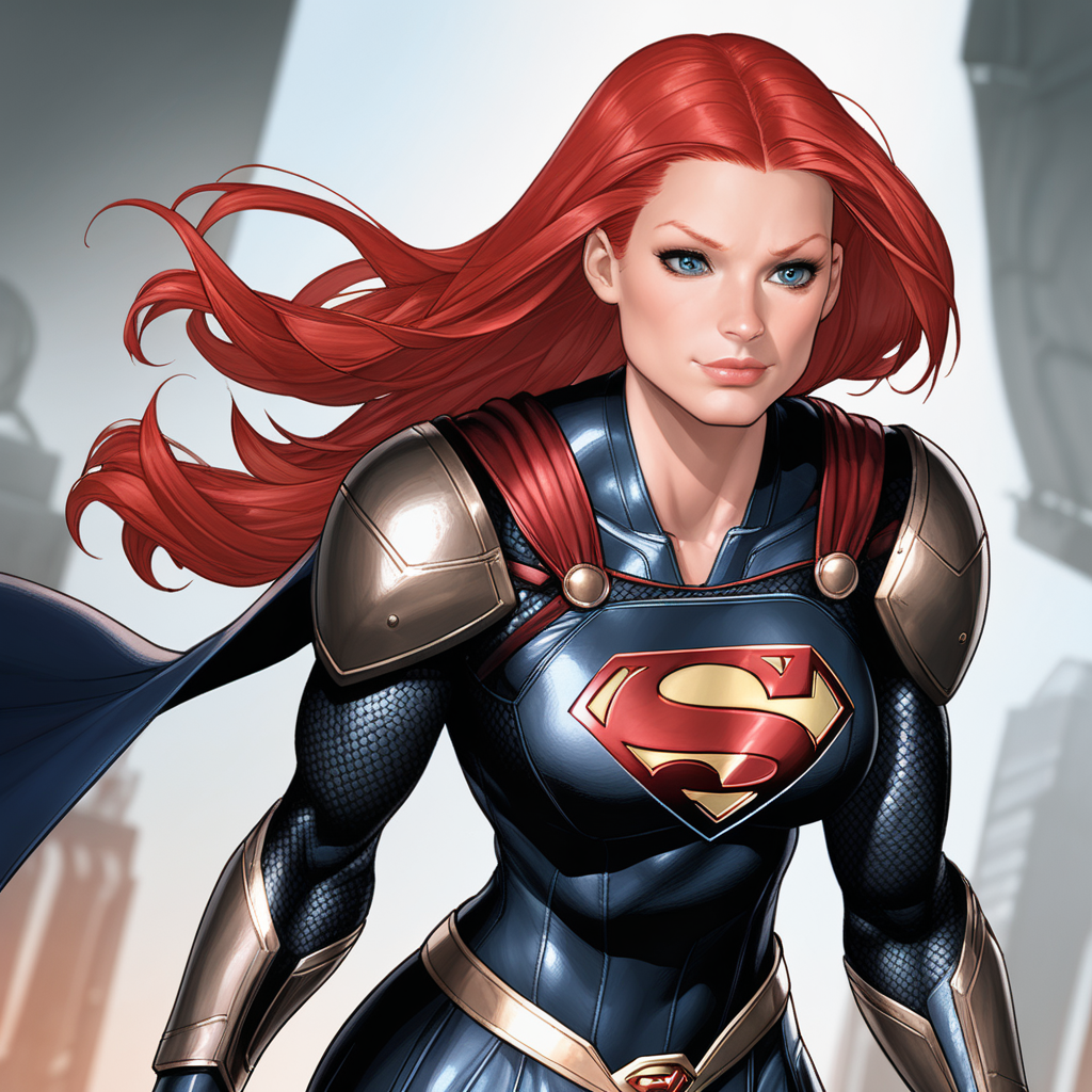 supergirl wearing dark armor with red hair