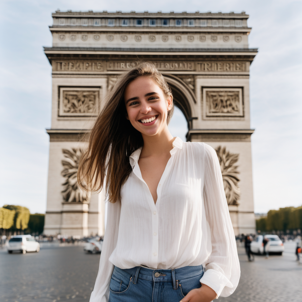 A smiling Emily Feld dressed in a long white blouse and jeans standing in front of the Arc de Triomphe