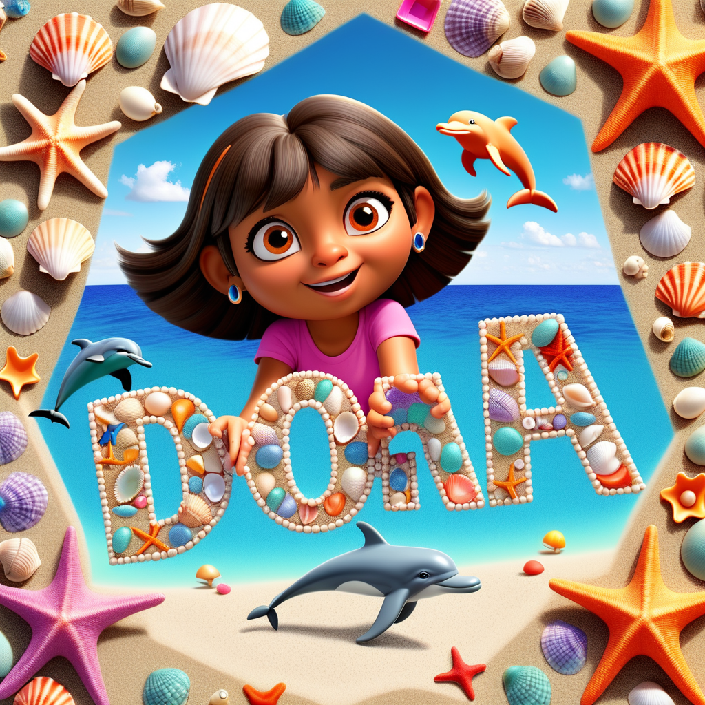 the exact spelling of Prompt: Dora in colorful diamond letters on a beach with seashells and dolphins swimming in the water without the picture of the her 