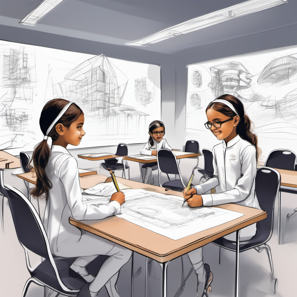 A futuristic sketch of a smart girl winning competitions and designing an innovative school in Oman