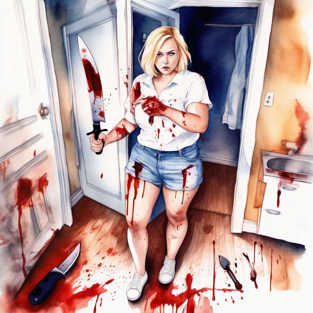 pov image from top to bottom by big Sexy curvy blonde woman, short hair in a white shirt and denim shorts and white tennis shoes with a knife  in her bloody hand in in an apartment room, image based in watercolor paint.