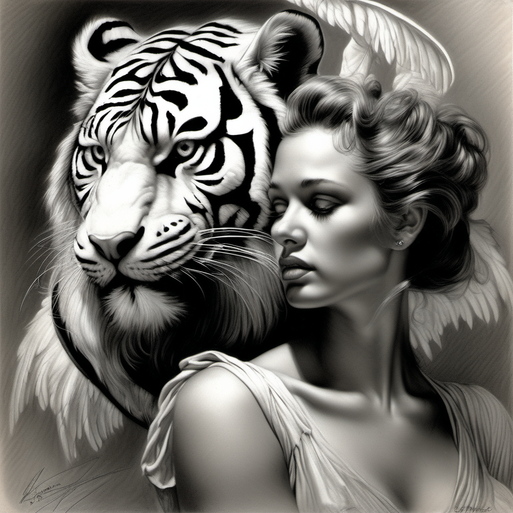 /imagine prompt : a hyper realistic black and gray Boris Vallejo drawing, feauteted a beautiful angel by a tiger portrait create a sureal fantasy atmosphere
/describe : whole subjects in the box
-no cut

<background>white papaer
<style>pencil drawing
