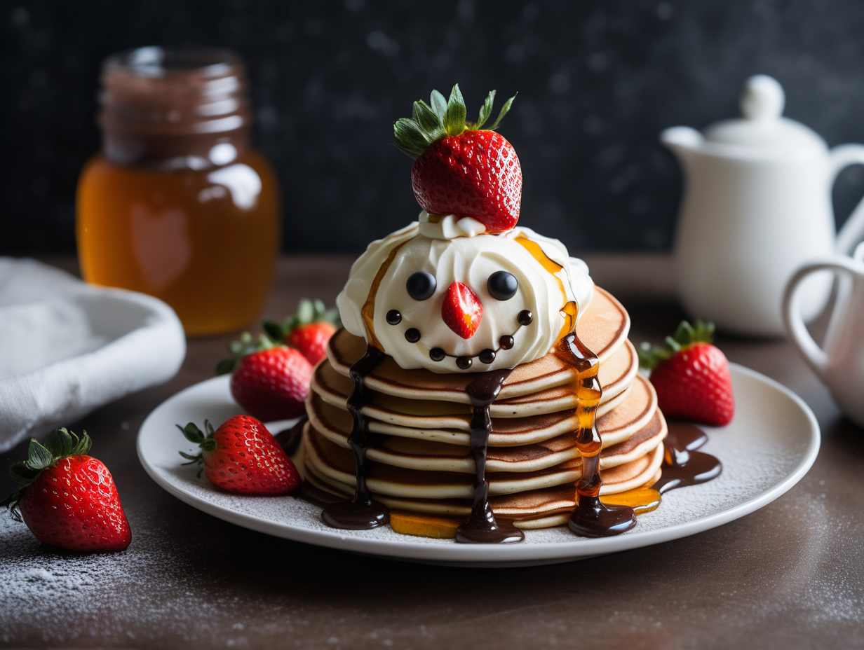 simple snowman pancakes with whipped cream head, chocolate chip eyes, strawberries and drizzled honey. moody, ambient, neutral style. 