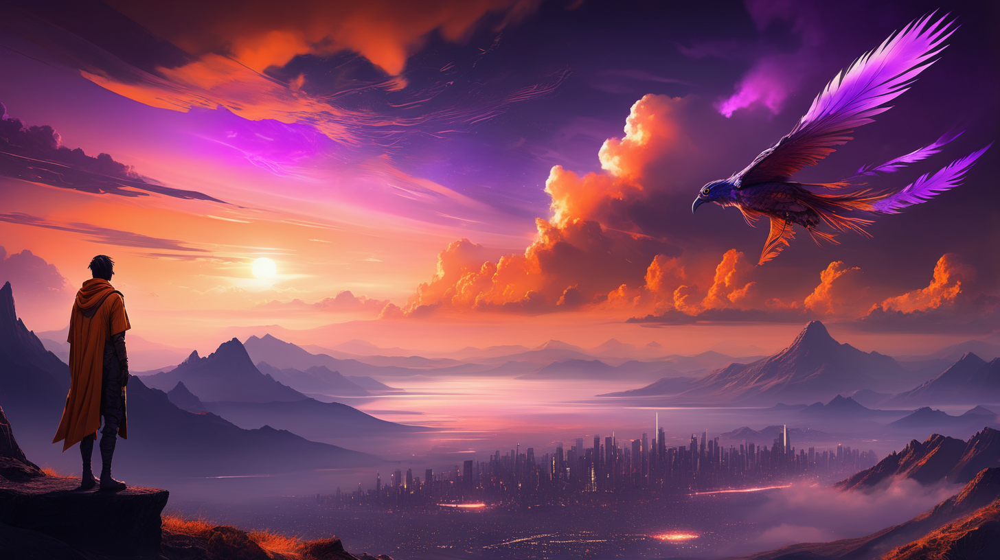 Make a fantasy picture mixed with sci-fi with sky in orange and purple with calm feather clouds at sunset, seen from a hill looking away at amazing view with mountains and here and there advanced small cities in the mountains with lights in windows, inspiration a mix of Bladerunner film and Avatar.