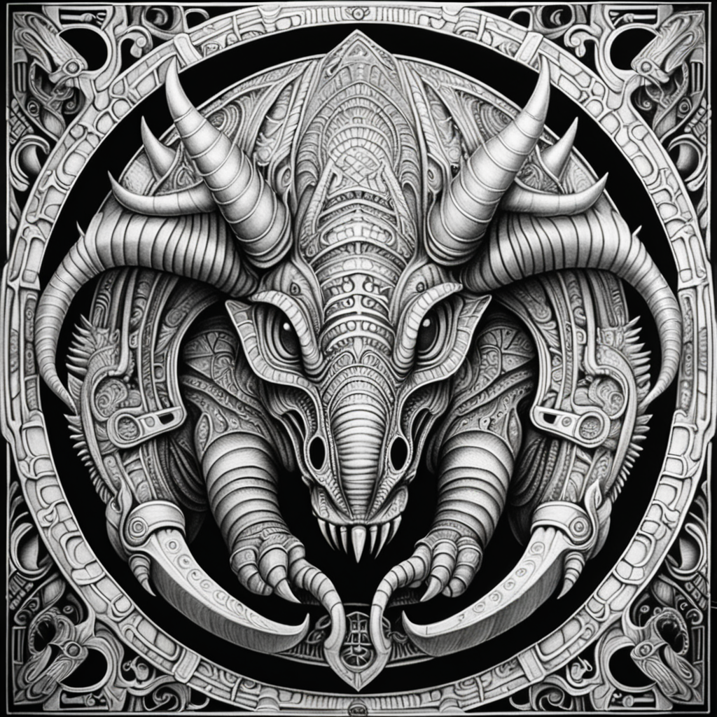 black & white, coloring page, high details, symmetrical mandala, strong lines, triceratops with many eyes in style of H.R Giger
