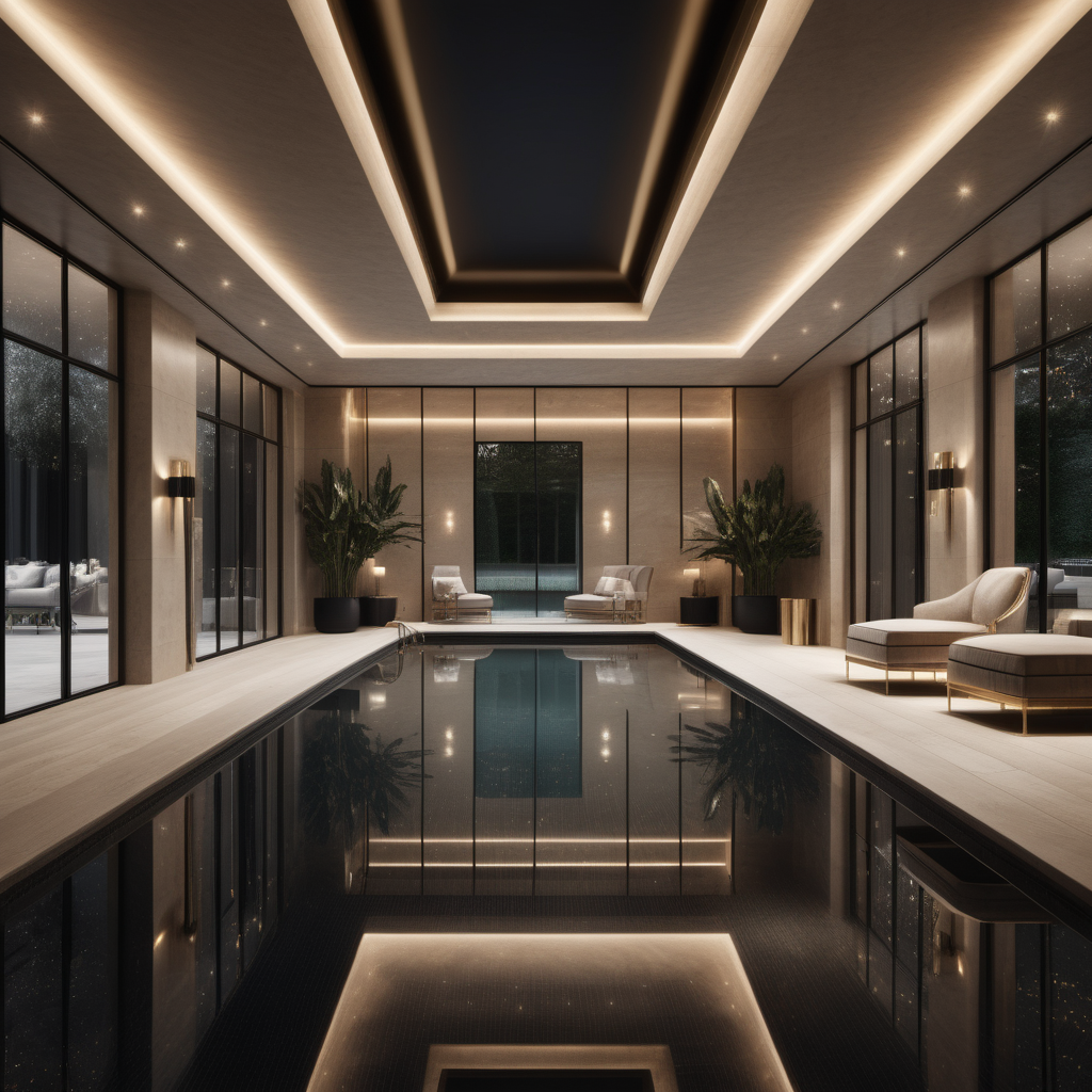 a hyperrealistic of an elegant Modern Parisian estate home indoor pool room with mood lighting and floor to ceiling windows in a beige oak brass and black colour palette 
