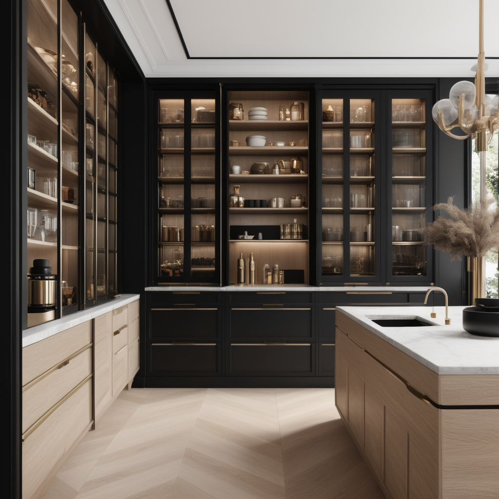 a hyperrealistic of a grand Modern Parisian butlers pantry with floor to ceiling windows in a beige oak brass and black colour palette 
